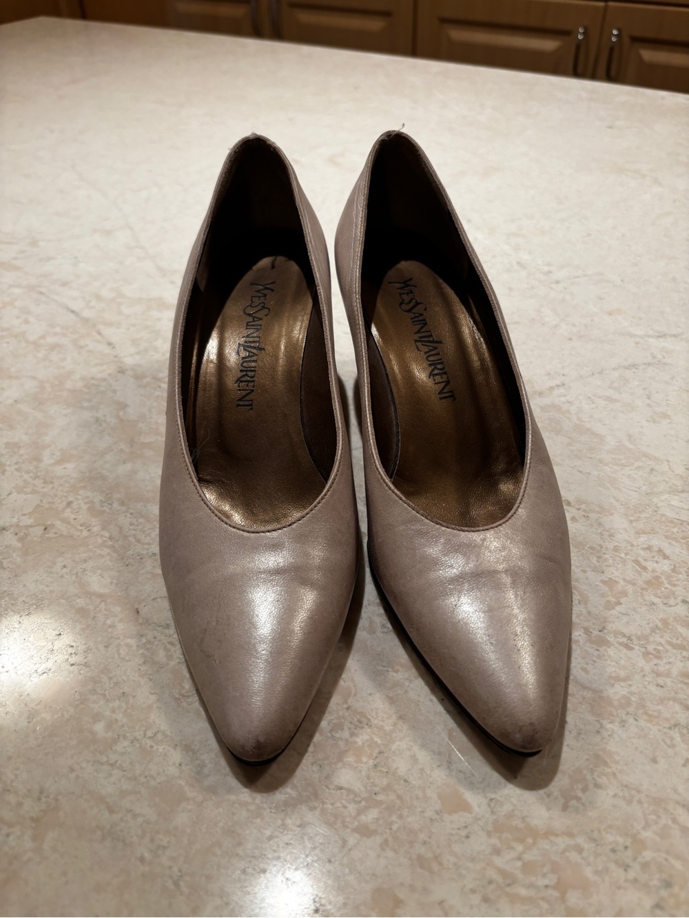 Yves Saint Laurent Taupe Pointed-Toe Leather Pumps
